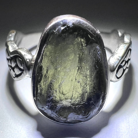 Heart Band Sterling Silver Moldavite Ring - Size 7