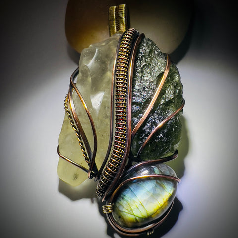 Moldavite, Libyan Desert Glass & Labradorite Pendant - Copper & Brass Wrap