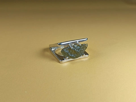 Sterling Silver Geometric Moldavite Ring - Size 8