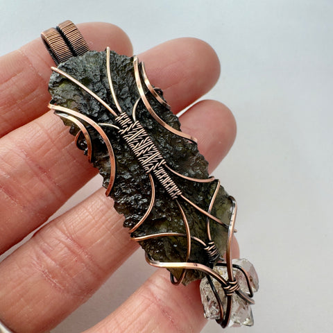 Moldavite & Herkimer Diamond Copper Pendant | 7.4g | Marouskovo Pole