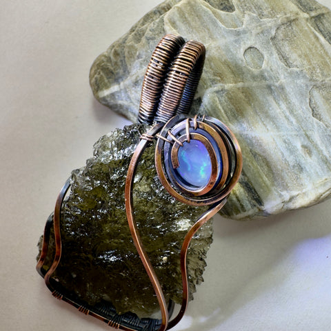 Moldavite & Opal Copper Pendant | 4.6g | Chlum