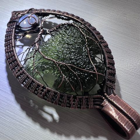 Moldavite & Moonstone Copper Tree of Life Pendant | 9.11g | Chlum