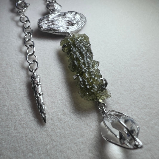 Sterling Silver Moldavite & Herkimer Diamond Necklace | 1.17g | Maly Chlum
