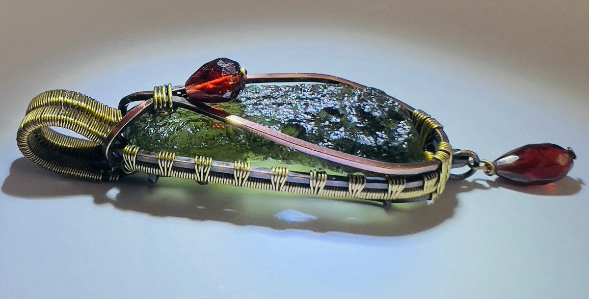 Moldavite Copper/Brass pendant with Garnet Acccents