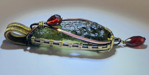 Moldavite Copper/Brass pendant with Garnet Acccents