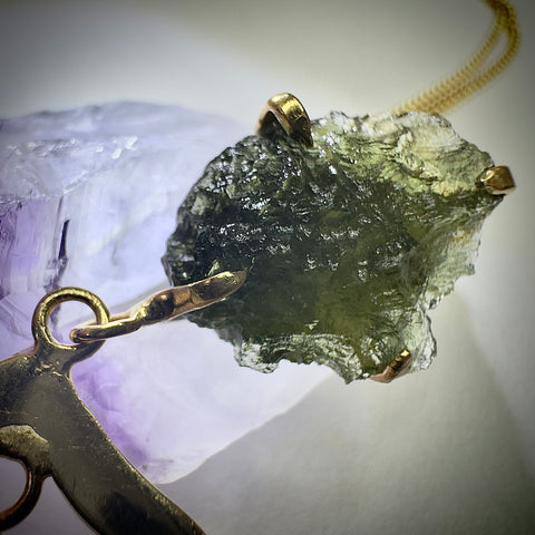 Gold Plated Moldavite, Herkimer Diamond & LDG Necklace | 1.2g | Chlum