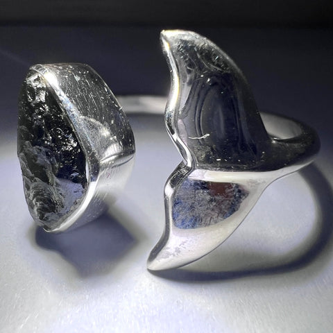 Whale Tail Sterling Silver Ring with Natural Moldavite - Size 8