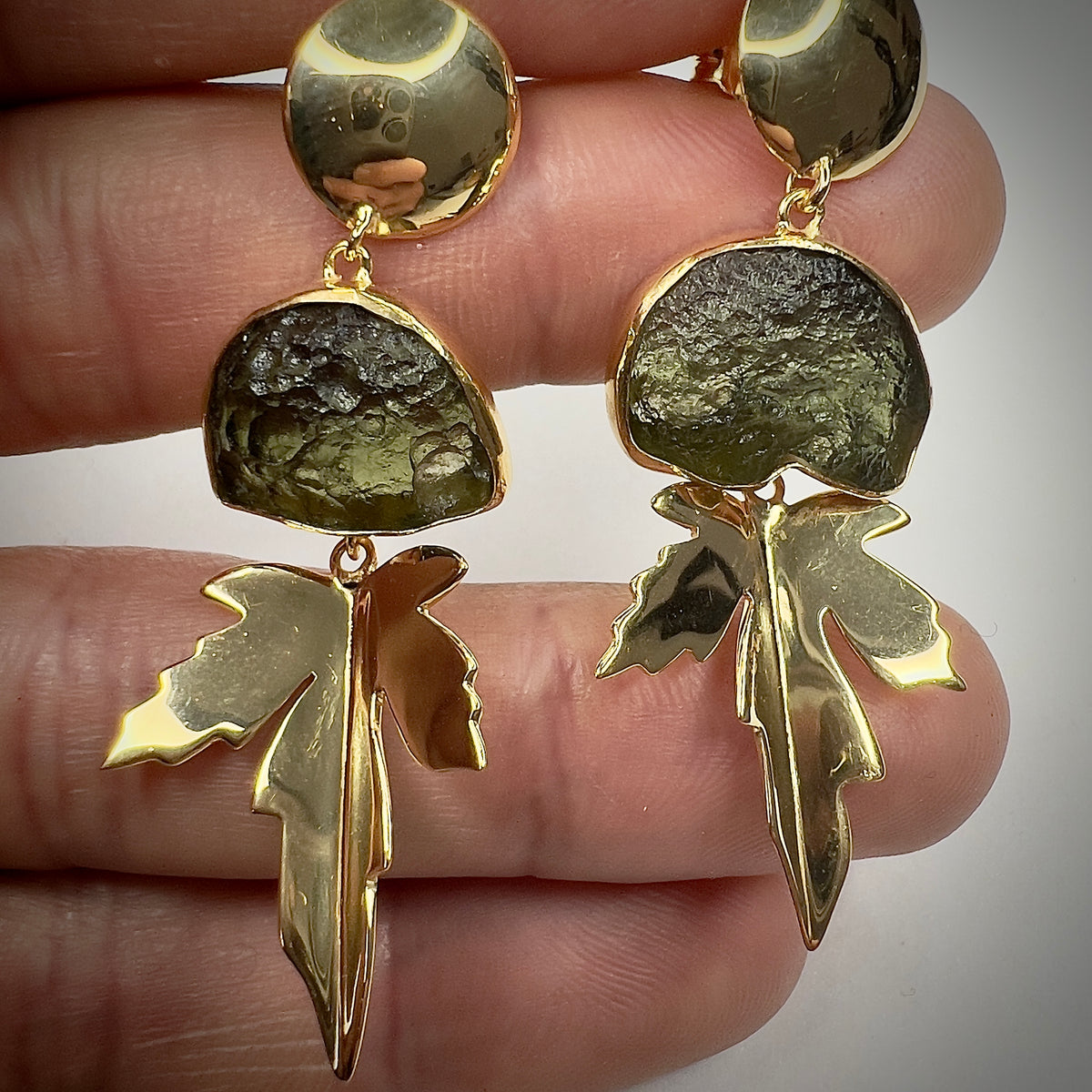 Gold Plated "Leaf" Moldavite Earrings | 2.9g | Chlum