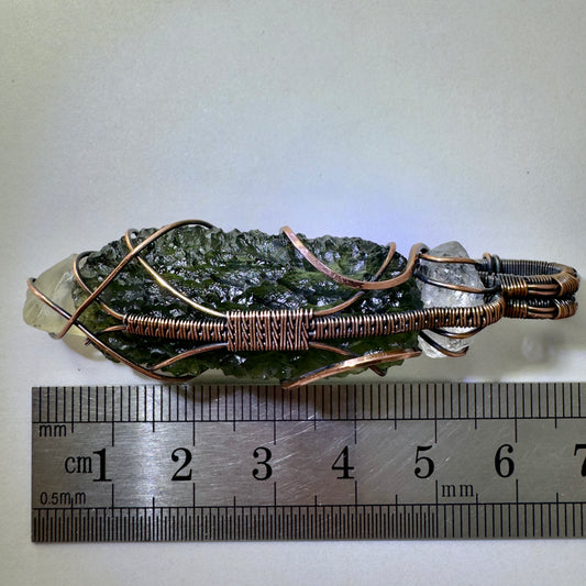 Moldavite, LDG & Herkimer Diamond Copper Pendant | 8.26g | Marouskovo Pole