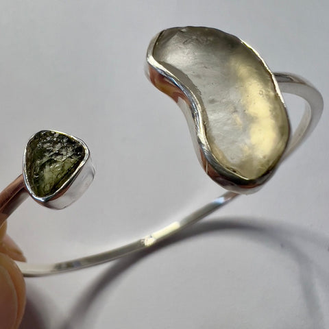 Moldavite & Libyan Desert Glass Open Bracelet in Sterling Silver