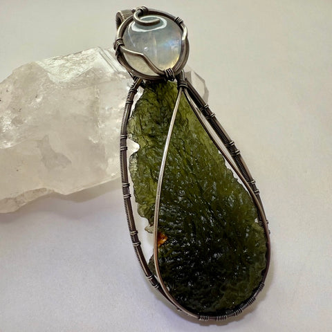 Moldavite & Moonstone Sterling Silver Pendant | 4.84g | Chlum