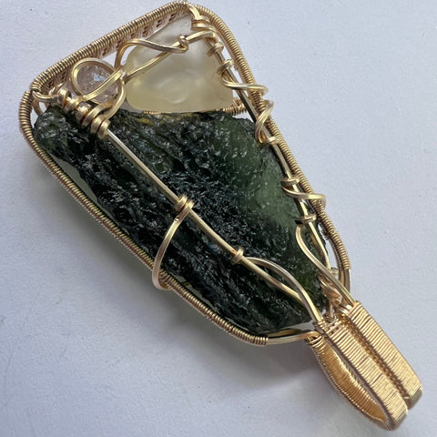 Gold Moldavite, LDG & Herkimer Pendant | 8.11g | Marouskovo Pole