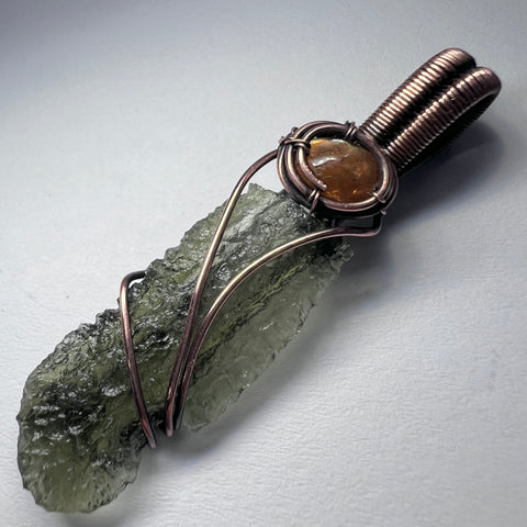 Copper Moldavite & Sunstone Pendant | 1.48g | Chlum