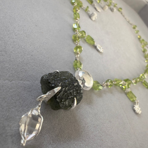 Beautiful Jasper & Peridot Beaded Moldavite Necklace