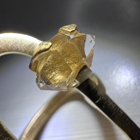 One-of-a-Kind Artisan Design Moldavite & Herkimer Gold Plated Ring - Size 7