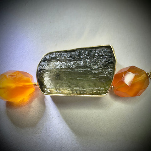 Gold Plated Moldavite, Carnelain & Libyan Desert Glass Necklace | 1.6g | Chlum