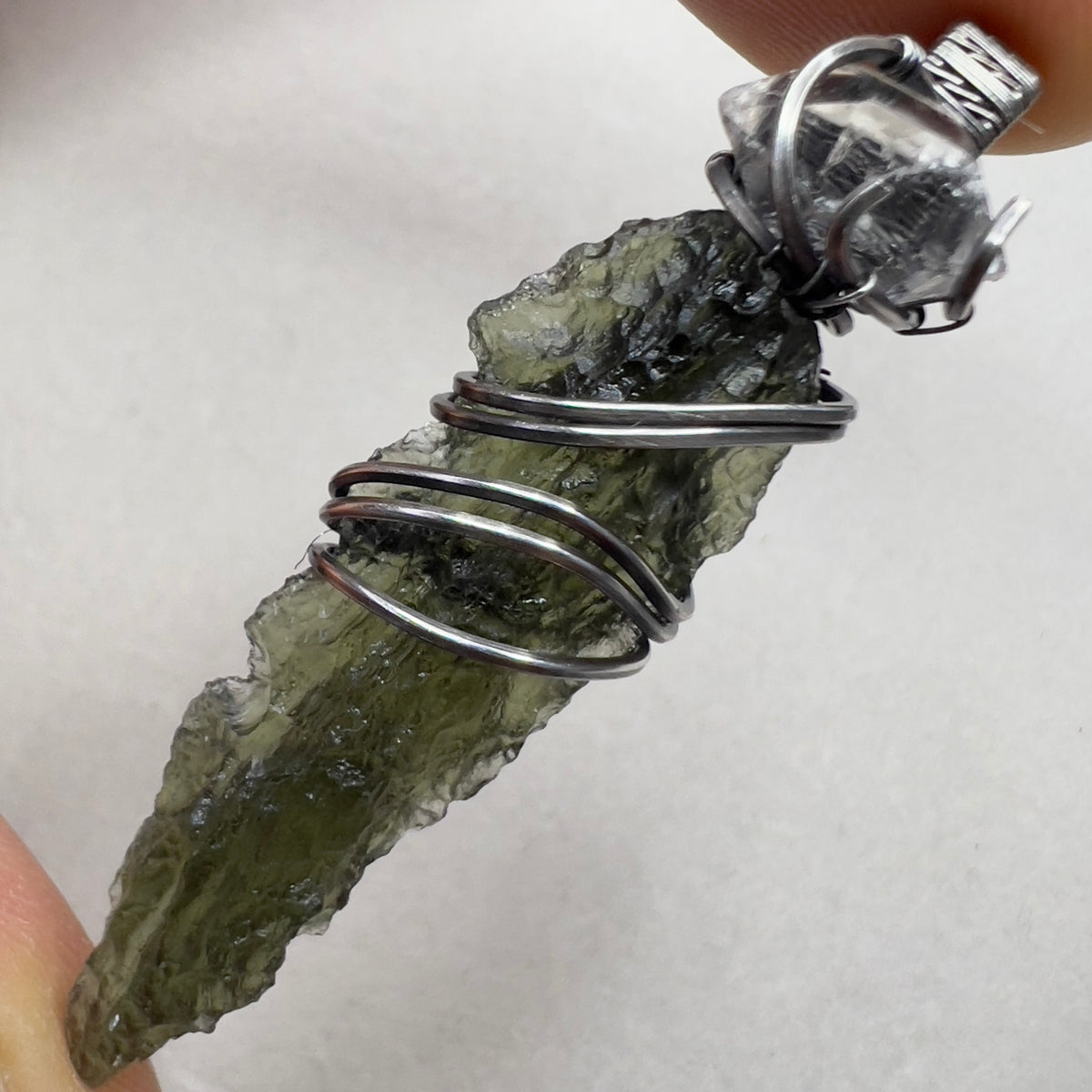 Moldavite & Herkimer Diamond Pendant - Sterling Silver Wrap