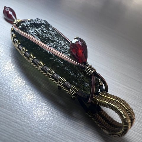 Moldavite Copper/Brass pendant with Garnet Acccents