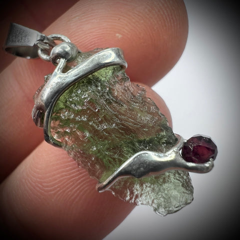 Moldavite & Garnet Soft Soldered Pewter Pendant | 1.1g | Chlum