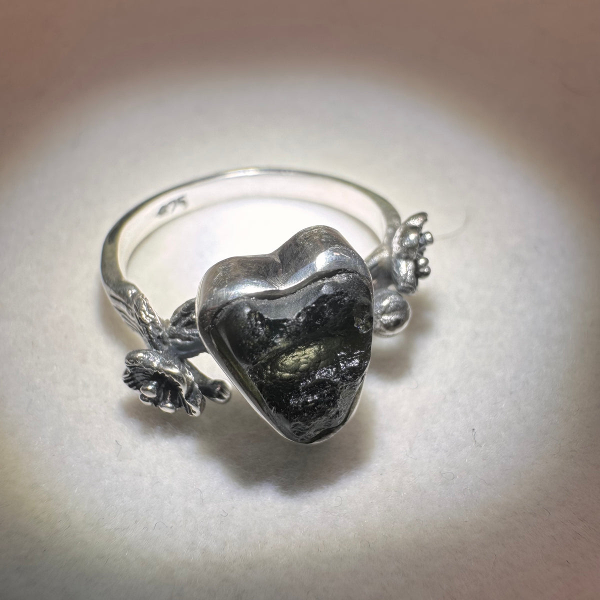 Heart & Floral Sterling Silver Moldavite Ring – Size 8