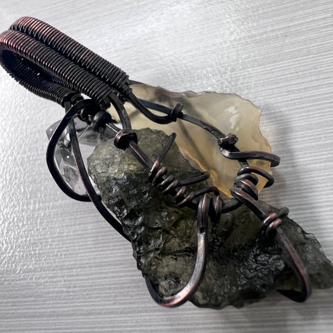 Moldavite, LDG & Herkimer Diamond Copper Pendant | 1.36g | Chlum