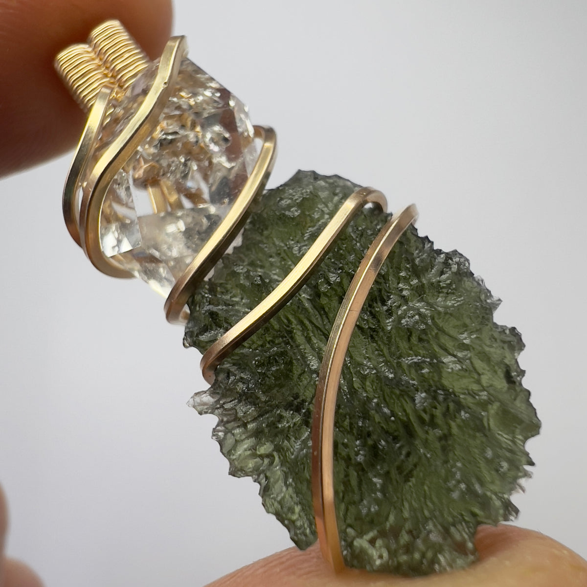 2.56g Gold Wrapped Moldavite & Herkimer Diamond Pendant