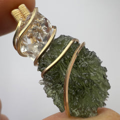 2.56g Gold Wrapped Moldavite & Herkimer Diamond Pendant