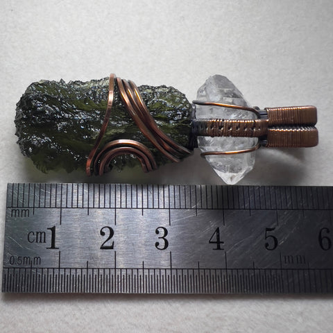 Moldavite & Herkimer Pendant - Copper Wrap