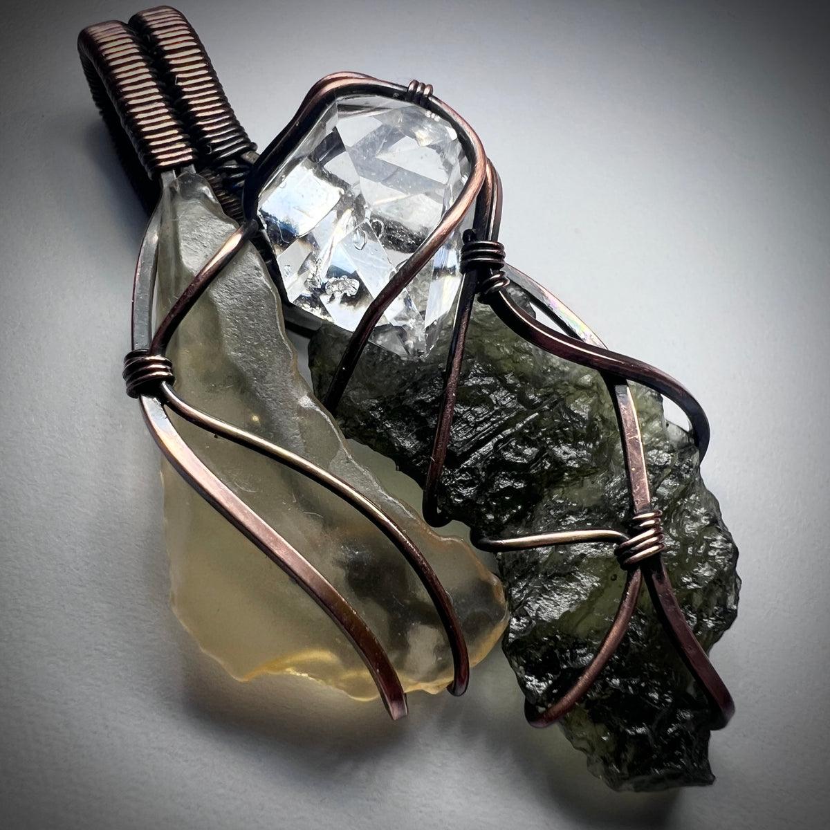 Moldavite, LDG & Herkimer Diamond Copper Pendant | 1.36g | Chlum