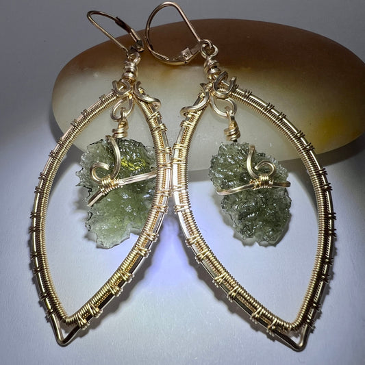 Moldavite Gold Wire Wrapped Earrings | 1.53g | Chlum