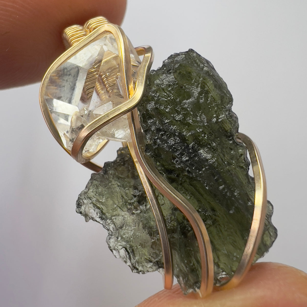 2.44g Gold Wrapped Moldavite & Herkimer Diamond Pendant
