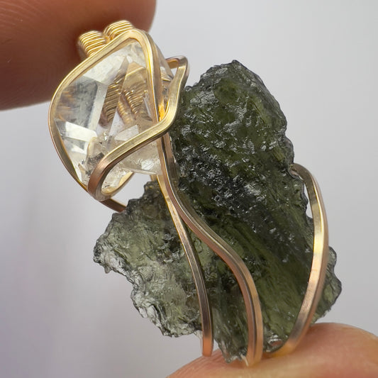 2.44g Gold Wrapped Moldavite & Herkimer Diamond Pendant