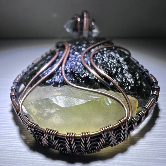 Moldavite, Libyan Desert Glass & Herkimer Diamond Pendant - Copper Wrap