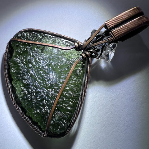 Moldavite & Herkimer Diamond Copper Wrapped Pendant – 10.62g