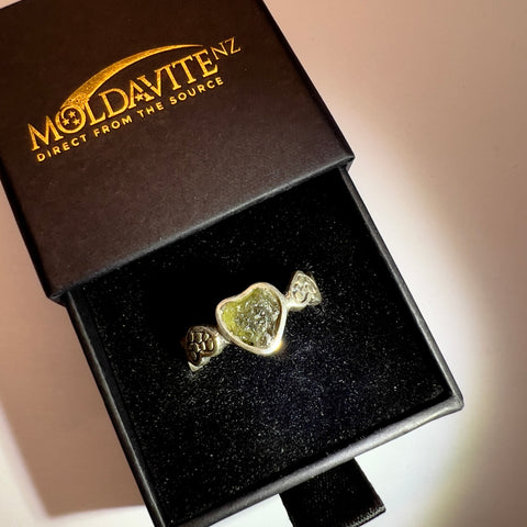 Sterling Silver Moldavite Heart Ring - Size 8