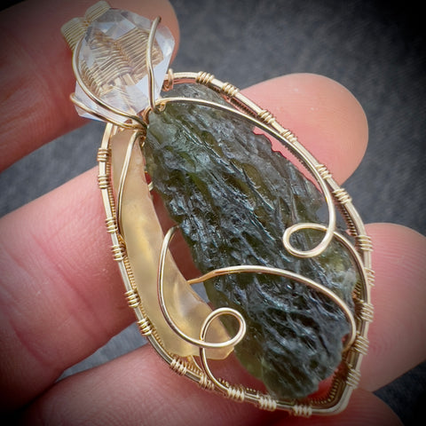 Gold Moldavite, LDG & Herkimer Pendant | 5.15g | Chlum
