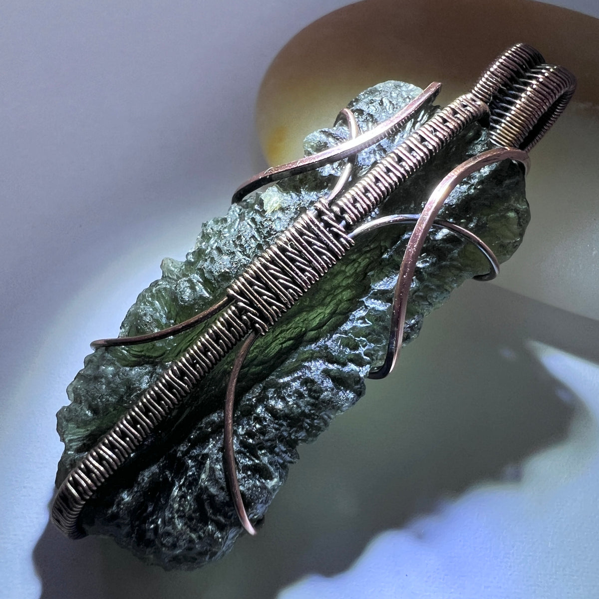 Moldavite Copper Wire Wrapped Pendant | 10.88g | Marouskovo Pole