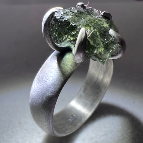 Oxidised Sterling Silver Moldavite Claw Ring | Size 7.5 (P) | Chlum