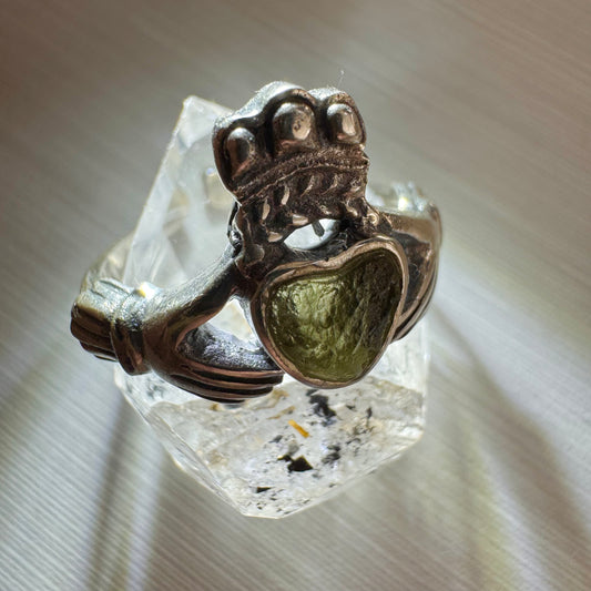Sterling Silver Moldavite Claddagh Ring - Size 9 Open