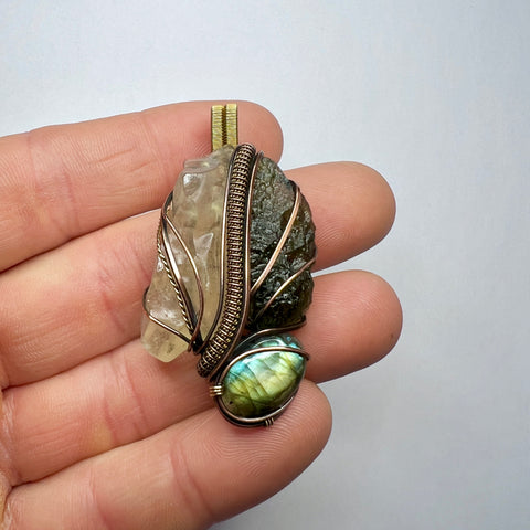 Moldavite, Libyan Desert Glass & Labradorite Pendant - Copper & Brass Wrap