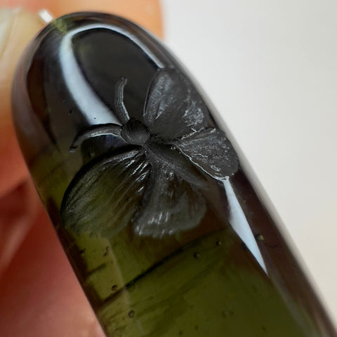Moldavite Pendulum 2.5g, Butterfly Motif.