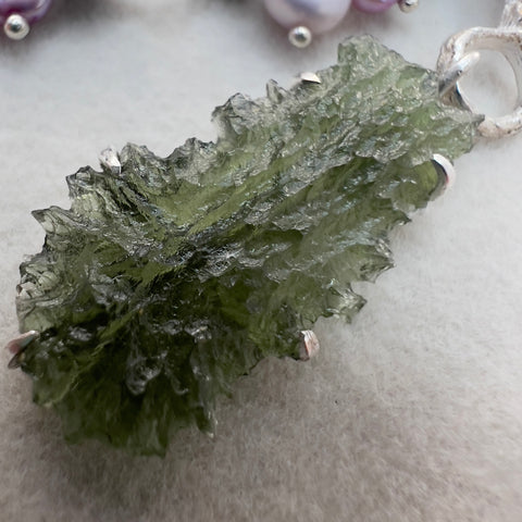 Sterling Silver & Mixed Pearl Beaded Moldavite Necklace