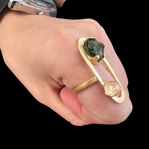 One-of-a-Kind Artisan Design Moldavite & Herkimer Gold Plated Ring - Size 7