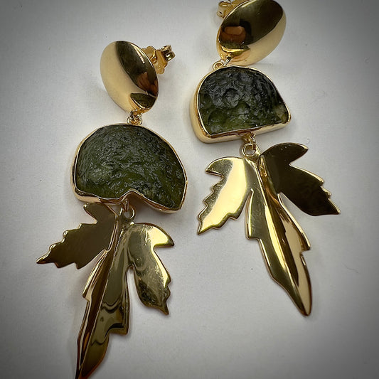 Gold Plated "Leaf" Moldavite Earrings | 2.9g | Chlum