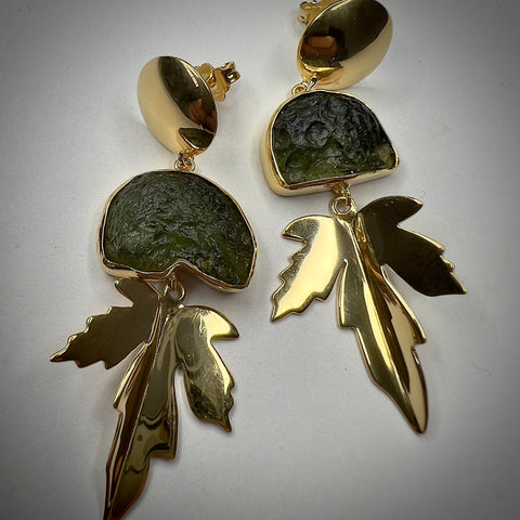 Gold Plated "Leaf" Moldavite Earrings | 2.9g | Chlum