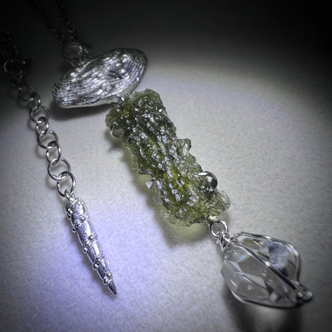 Sterling Silver Moldavite & Herkimer Diamond Necklace | 1.17g | Maly Chlum