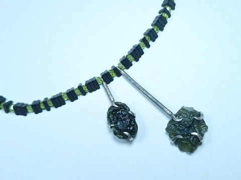 Onyx & Mixed Peridot Beaded Moldavite Necklace
