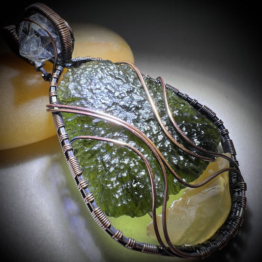 Moldavite, Libyan Desert Glass & Herkimer Diamond Pendant - Copper Wrap