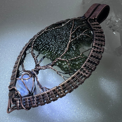 Moldavite & Moonstone Copper Tree of Life Pendant | 9.11g | Chlum