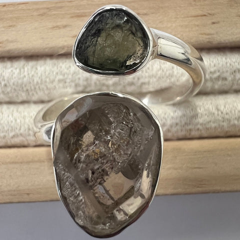 Moldavite & Herkimer Diamond Open Ring in Sterling Silver - Size 10